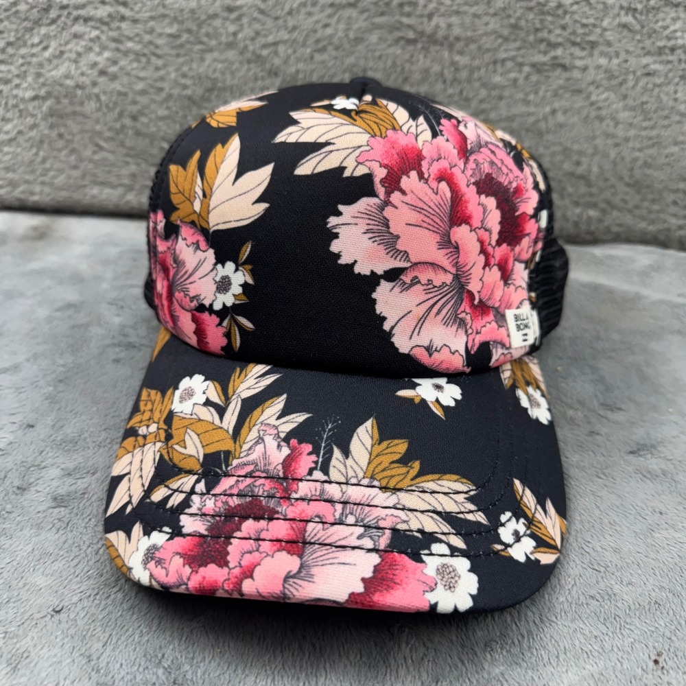 Billabong Trucker Hat Womens OS Black Pink Floral Snapback Mesh Cap Excellent - Picture 2 of 10